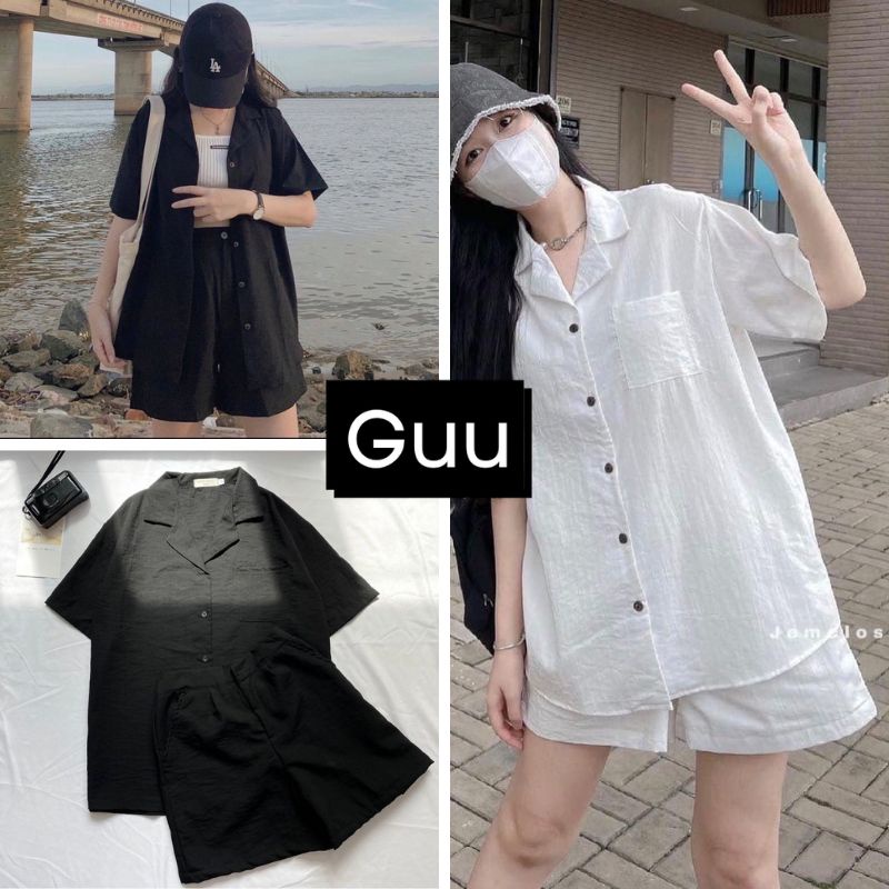 Set áo sơ mi cộc tay kèm quần đùi màu trắng,đen GUU
