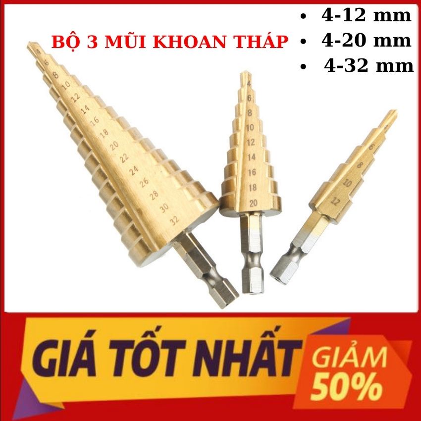 Bộ 3 mũi khoan tháp từ 4mm-32mm giúp bạn khoan doa, khoan phá, khoan tạo lỗ dễ dàng trên mọi vật liệu