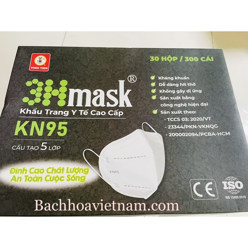 Khẩu trang 5 lớp Vĩnh Tiến 3H Mask KN95 (1 hộp 10 cái)|ôm kín mặt|Không lem son|Dễ hít thở|kháng khuẩn, 3Hmask