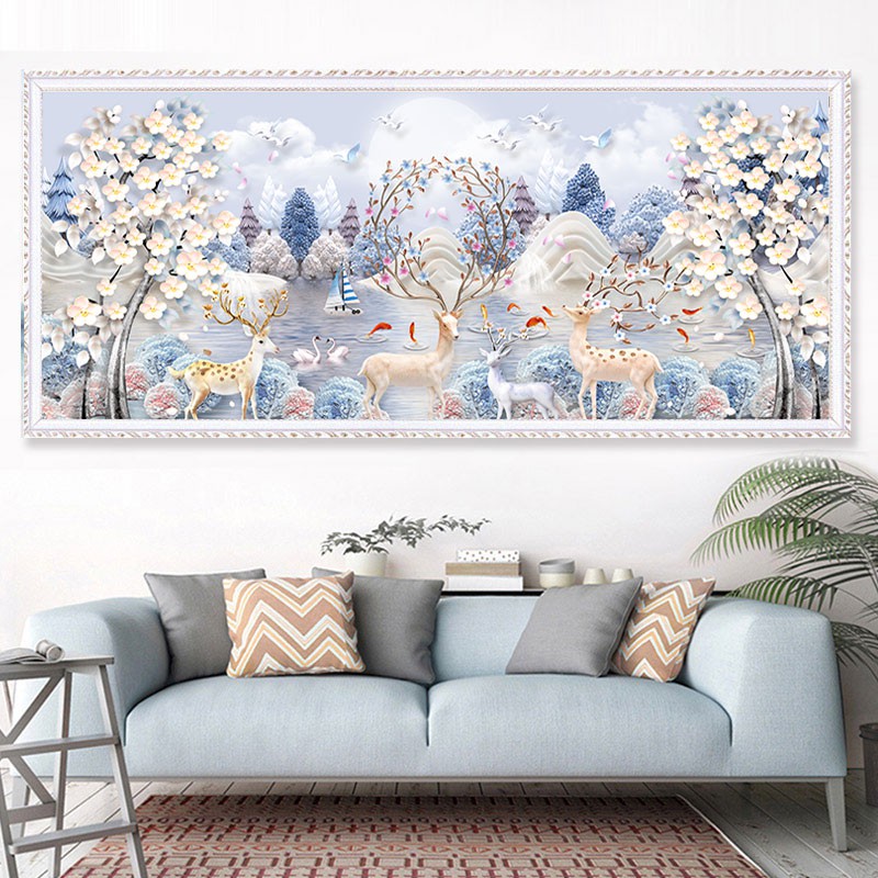 Tranh thêu kín Gia đình Hươu Nai phát tài EDB116 kích thước lớn 150x70 cm