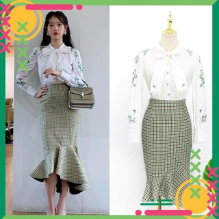 Set Áo Sơ Mi Trắng Tay Dài Thắt Nơ Cổ + Chân Váy Đuôi Cá Kẻ Sọc Caro Xinh Xắn Cho Nữ _Loanloan7773