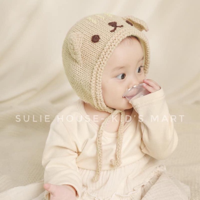 Mũ len tai mèo có dây buộc cho bé 3-18m MU001