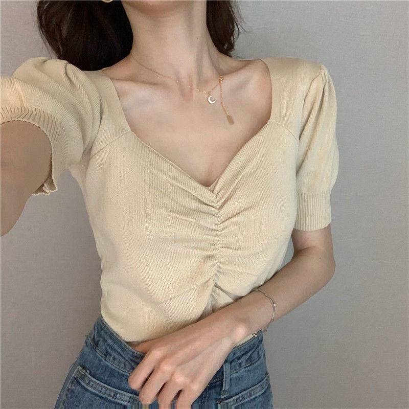Áo Dệt Kim Tay Phồng Ngắn Cổ Chữ V Nhiều Màu Thời Trang Mùa Hè Cho Nữ