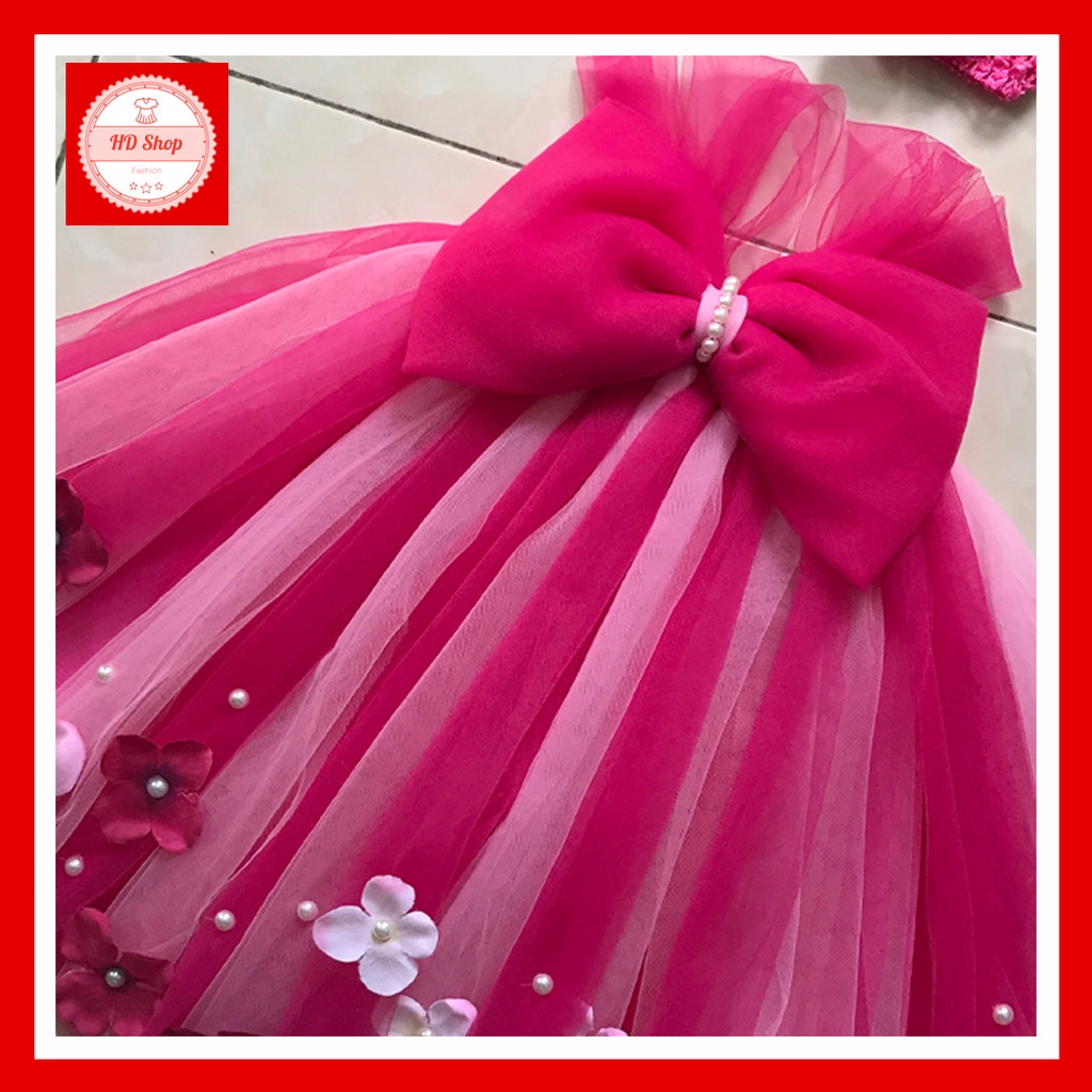 Đầm trẻ em, váy trẻ em hồng sen pha hồng phấn 1-1 nơ hồng sen