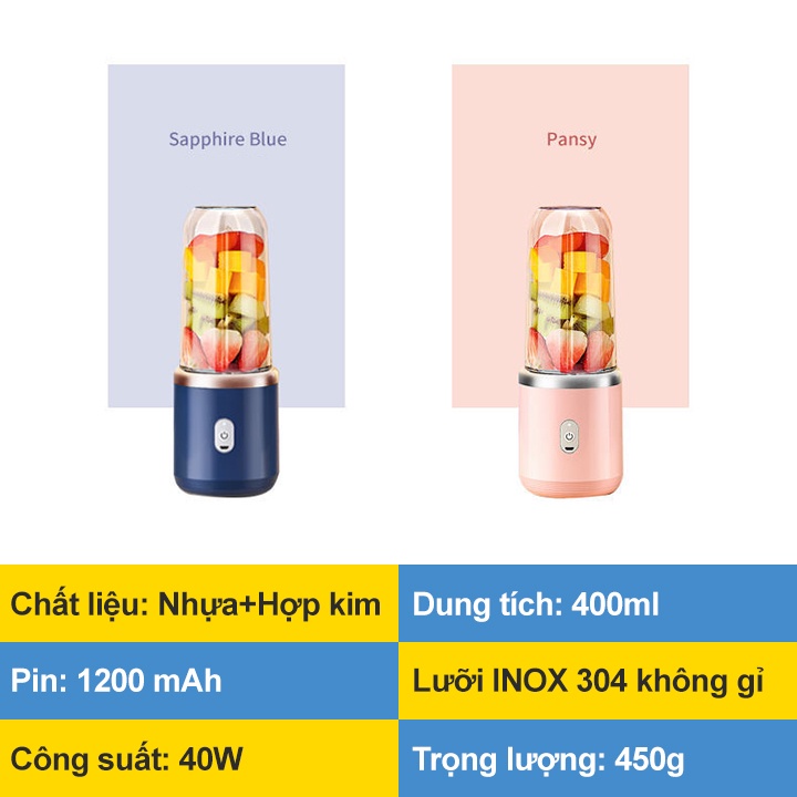 Máy Xay Sinh Tố Cầm Tay Mini, Máy Xay Hoa Quả Đa Năng Chigo Dung Tich 400ml Công Suất Cao, Sạc Pin Tích Điện Tiện Lợi
