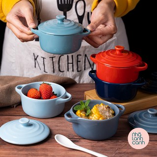 Chén nướng 🍃 Ramekin hấp bánh chén hấp trứng có nắp bằng sứ 9.5cm nhiều màu