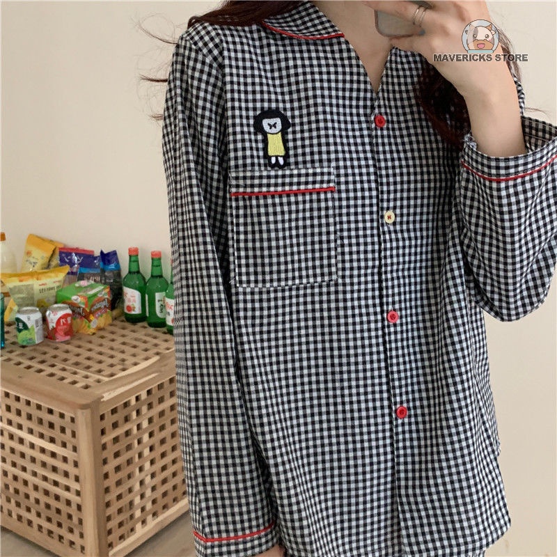 Bộ đồ ngủ tay dài in sọc ca rô vàng thời trang thu đông dành cho nữ