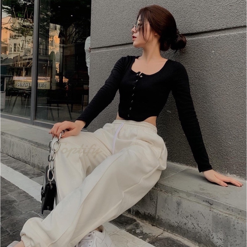Áo Croptop nữ Body dài tay Thun Gân YUMI BÁN SỈ Áo croptop Nút Bấm Vạt Nhọn Hot Trendy