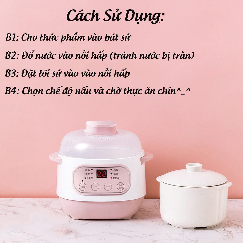 Nồi Nấu Cháo Chậm, Nồi Hầm Chậm, Ninh Hấp, Cách Thủy Dung Tích 1 Lít Công Suất 220W - Lòng Nồi Lõi Sứ