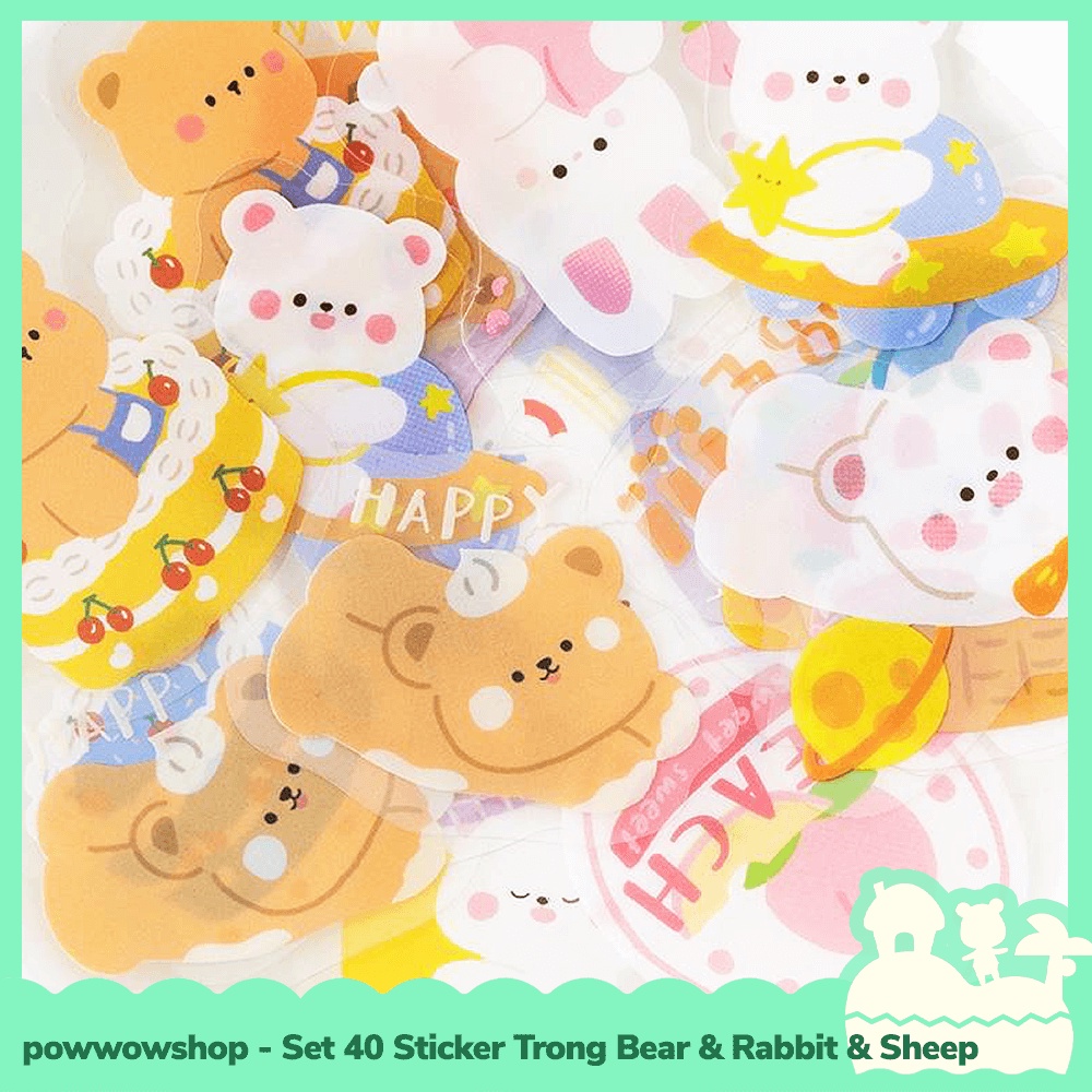 [Sẵn VN - Hỏa Tốc] Bộ 40 Sticker Decal Trong Dán Trang Trí Vật Dụng Rosy Posy Pet Gấu &amp; Thỏ