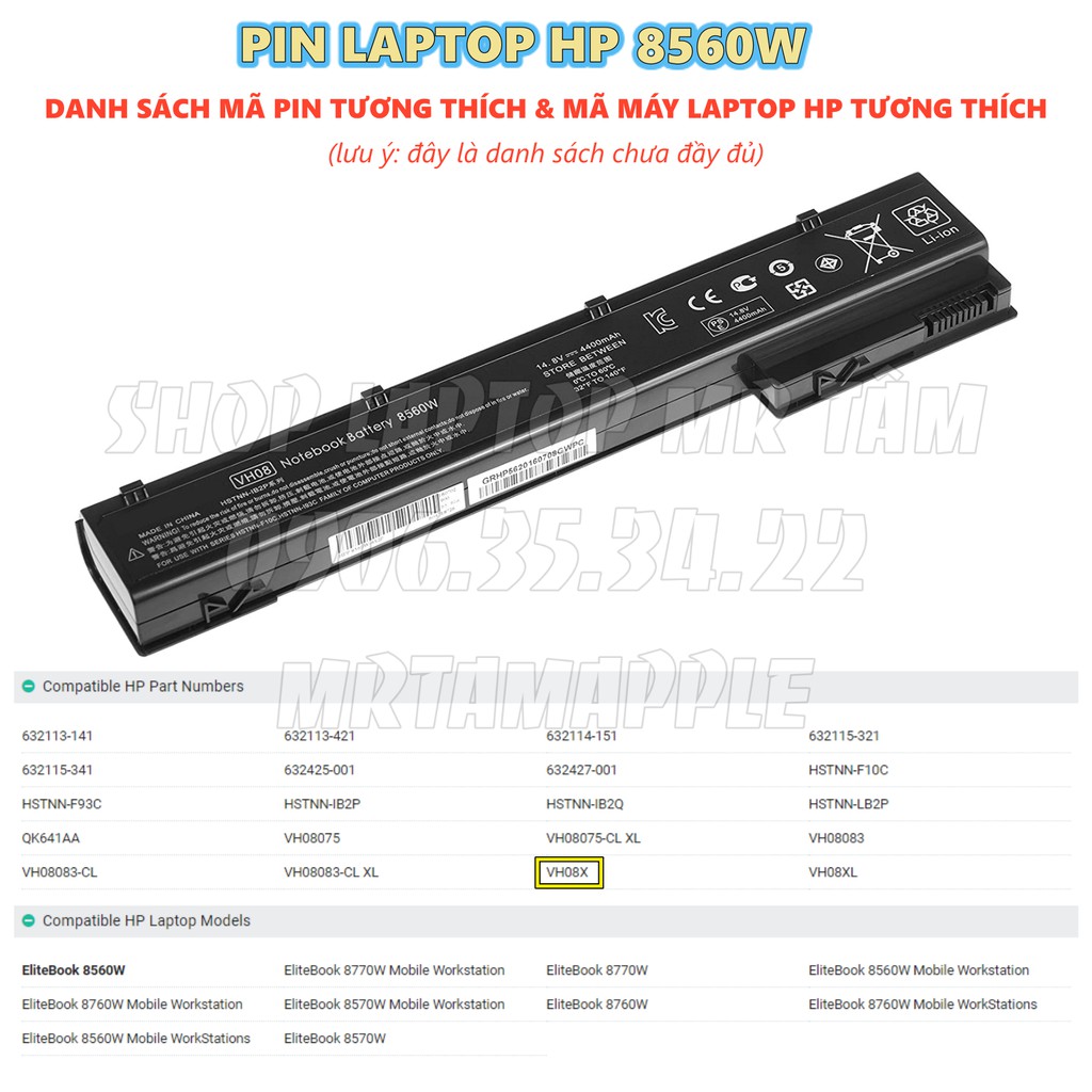 Pin Laptop HP 8560W - 8 CELL - EliteBook 8560w 8760w 8570w 8770w