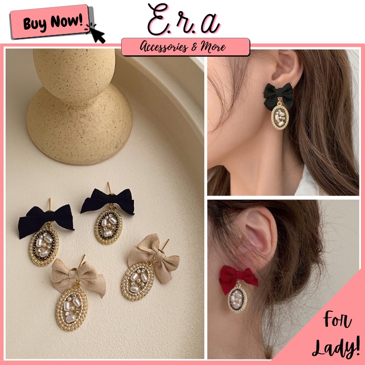 Bông Tai Nữ Cao Cấp ERASHOP 078460 - Nơ Tròn Châu Tiểu Thư, Phong Cách Hàn Quốc, Đi Tiệc, Đi Chơi, Rẻ Đẹp