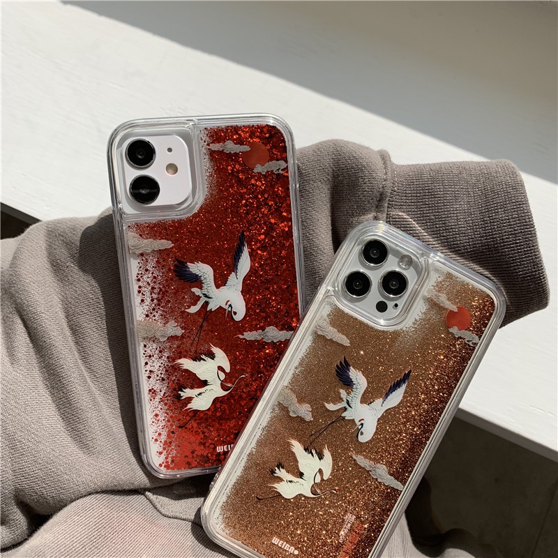 iPhone case for iPhone 11 Pro Max / iPhone12 / iPhone X / iPhone 7 Plus / iPhone 8 / iPhone 6 / iPhone 11 National Wind Crane Quicksand Anti-drop Phone Case TPU Soft Case