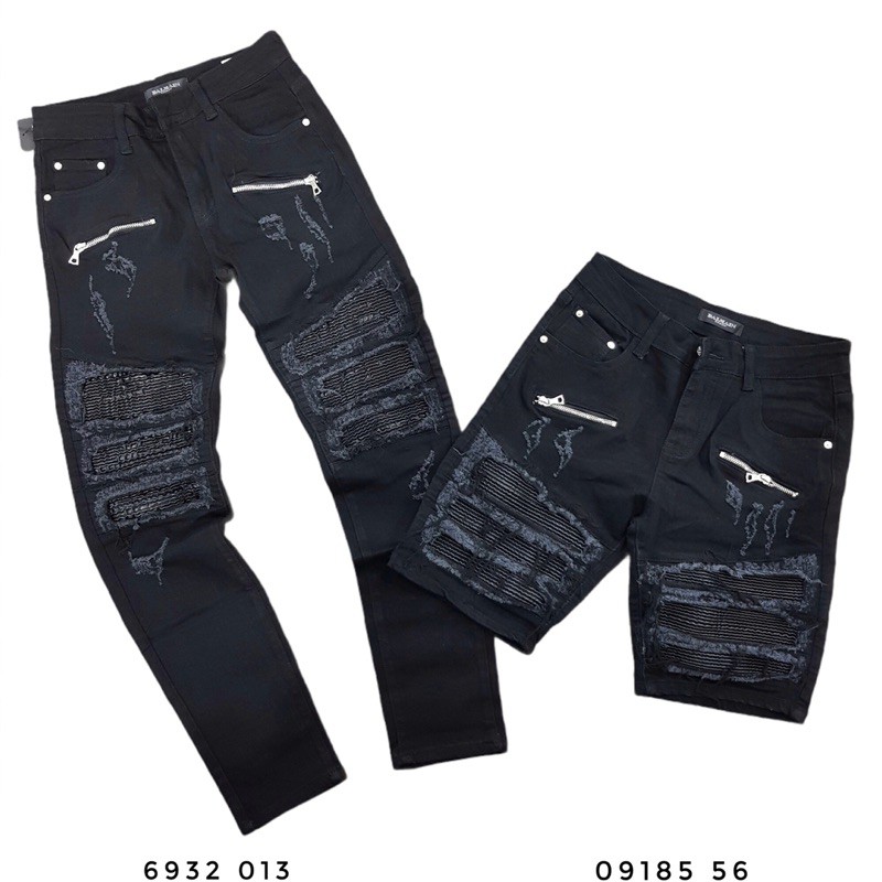 💥CHUẨN 1:1💥Quần Jeans BALMAN đen rách 2 khoá đùi_Quần bò BALMAN đen rách vá da cho Nam