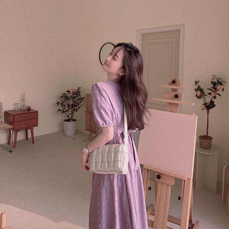 Đầm Midi Thắt Nơ Nhấn Eo Màu Tím Phong Cách Pháp Thời Trang Sang Trọng Cho Nữ