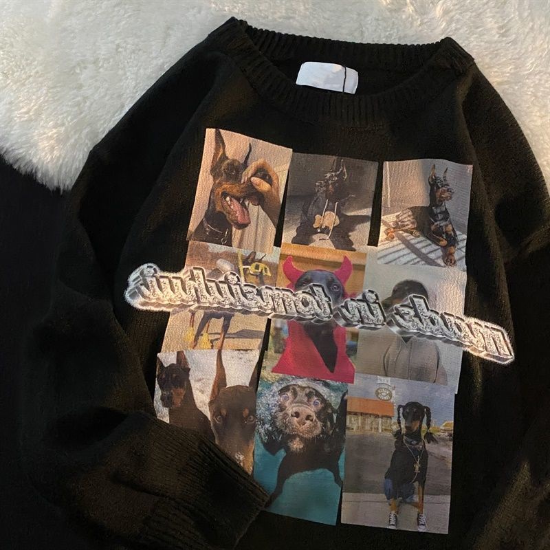 Áo sweater cổ tròn in họa tiết kiểu retro Mỹ thời trang thu đông cho nam 2021