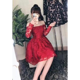 Đầm trễ vai ren hoa hồng cao cấp