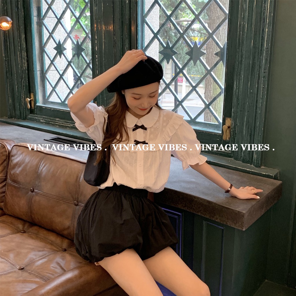 Áo babydoll cổ sen tay phồng phối nơ tiểu thư (hàng QC) - Ảnh thật | BigBuy360 - bigbuy360.vn