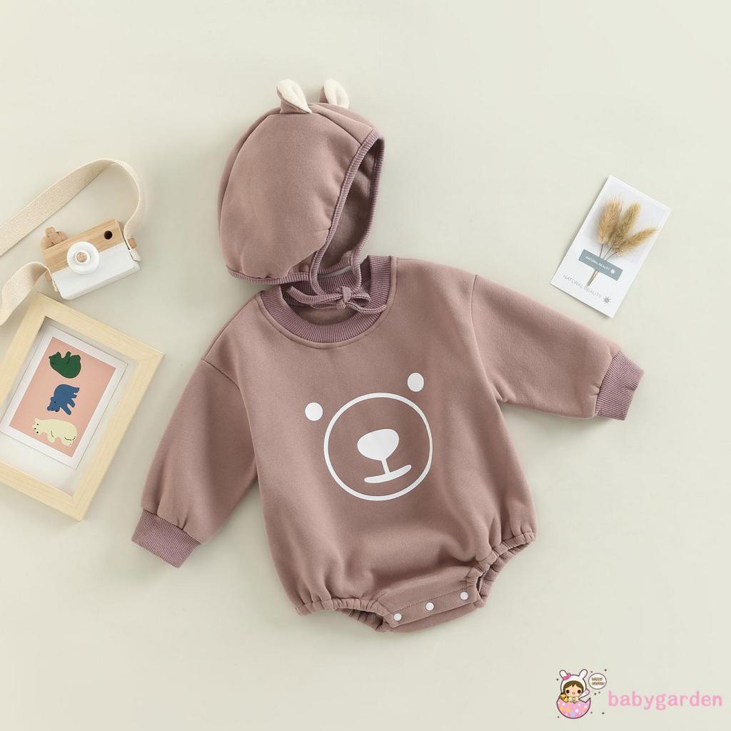 Bộ Áo Liền Quần Tay Dài Cổ Tròn In Hình Gấu Hoạt Hình + Mũ Dành Cho Bé Trai 0-18 Tháng Tuổi