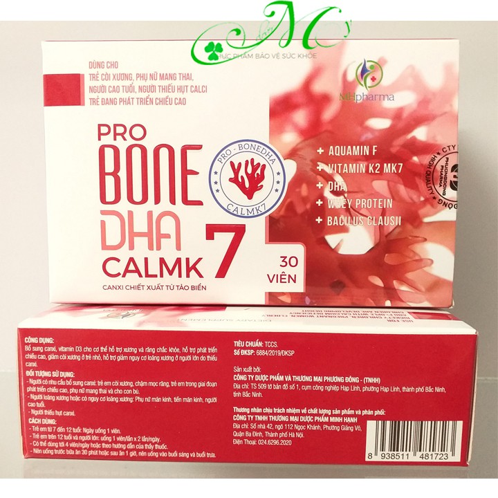 Pro Bone DHA Calmk7 - Viên uống bổ sung canxi từ tảo biển đỏ, giúp xương và răng phát triển