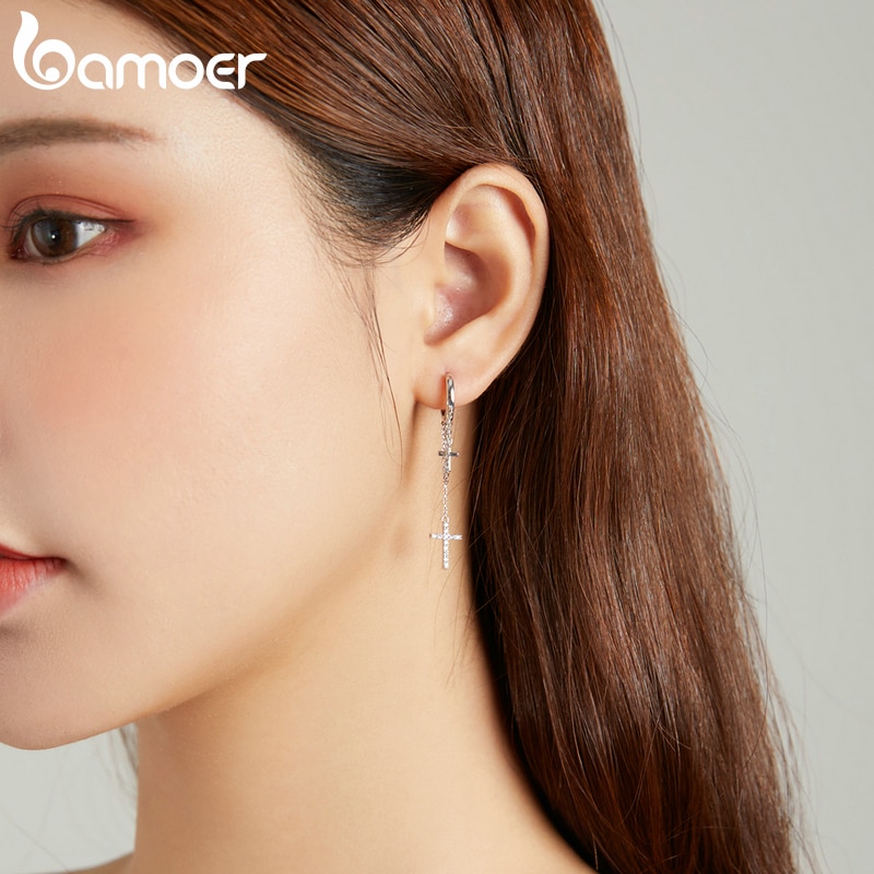 Khuyên Tai Bamoer SCE1002 Chốt Bạc 925 Dáng Dài Họa Tiết Thánh Giá Bắt Mắt Cho Phái Nữ