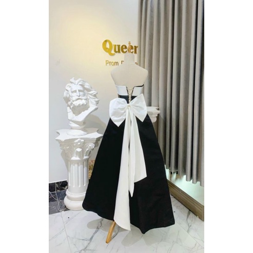 Đầm váy xòe công chúa dự tiệc cúp ngực phối màu đính nơ lưng