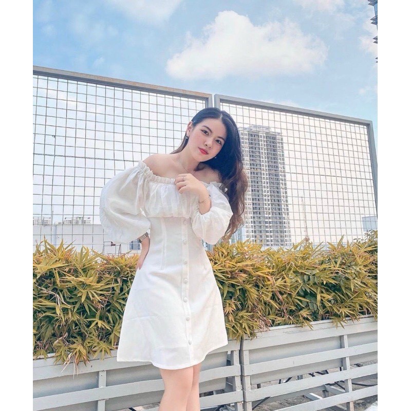 Đầm trắng trễ vai dáng xòe tiểu thư tay bồng trẻ trung cá tính/ Váy suông nữ triết eo phối cúc phong cách hàn quốc | BigBuy360 - bigbuy360.vn