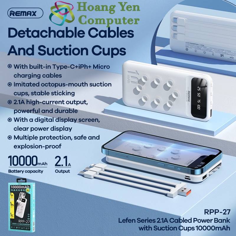 Sạc Dự Phòng Remax RPP-27 10000mAh (Tích Hợp 3 Đầu Cáp, Lỗi Polymer Siêu Bền) - BH 12 Tháng - Hoàng Yến Computer