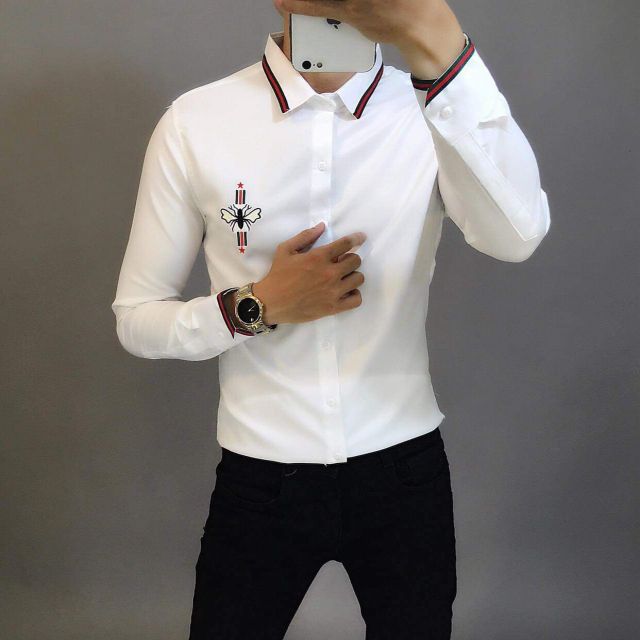 [XẢ KHO KHỦNG] áo sơ mi nam trắng dài tay viền cổ, viền tay thêu ông ngực
