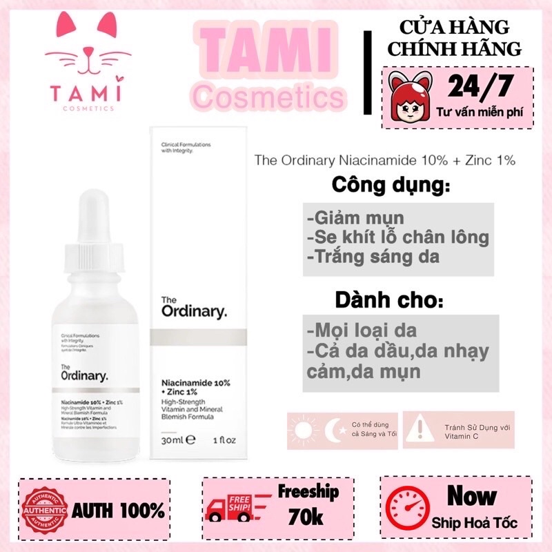 Tinh Chất The Ordinary Niacinamide 10% + Zinc 1% Ngừa mụn,sáng da,se lỗ chân lông