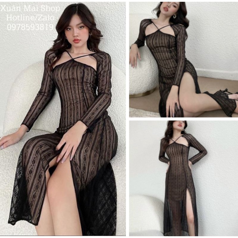 Đầm midi thiết kế xẻ tà cổ yếm ren nổi siêu xinh hot tóp