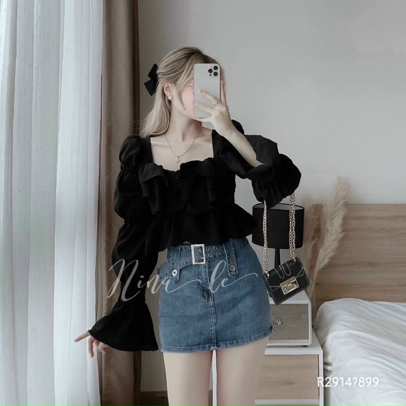 Chân váy jeans phối nịt