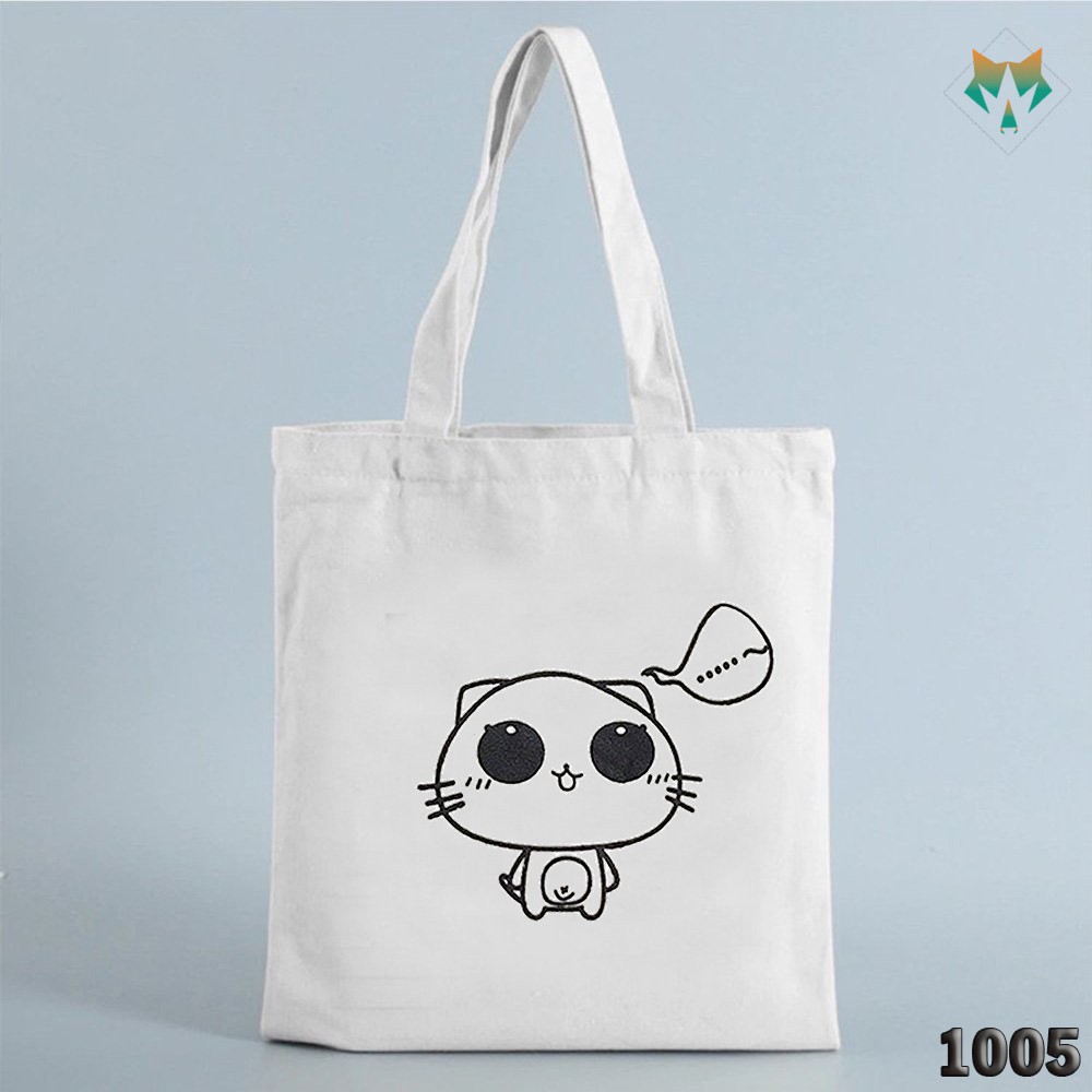 TÚI TOTE TRẮNG CHẤT VẢI CANVAS 1005 466 CHÚ MÈO SUY TƯ HÀNG CHUẨN ĐẸP