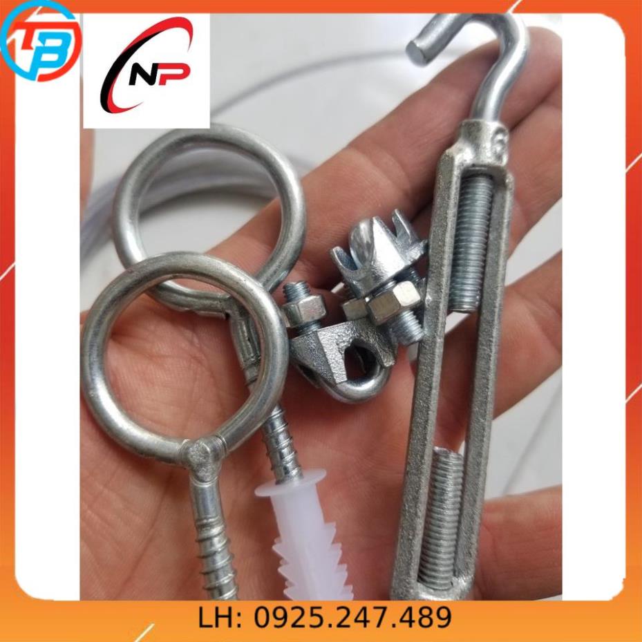 combo 10 Mét Cáp Bọc nhựa 4mm kèm 1 tăng đơ,2 ốc siết cáp,2 khoen +tắc kê gắn tường.Làm dây phơi quần áo chống hoen rỉ..