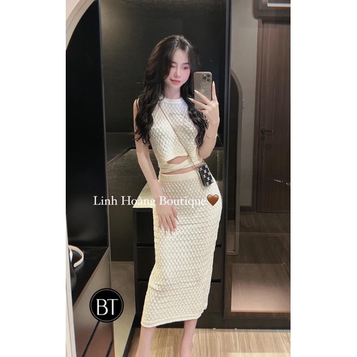 SET VÁY LEN BA LỖ KÈM CHÂN VÁY DÀI CHẤT LEN NỔI PHỐI DÂY BUỘC CỰC TÔN DÁNG