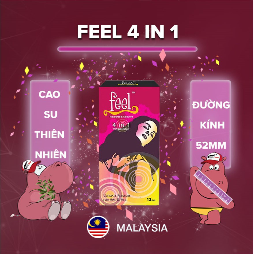 Combo 2 Hộp Bao Cao Su Gân, Gai, Hương Dâu, Kéo Dài Thời Gian FEEL 4 IN 1 - MALAYSIA