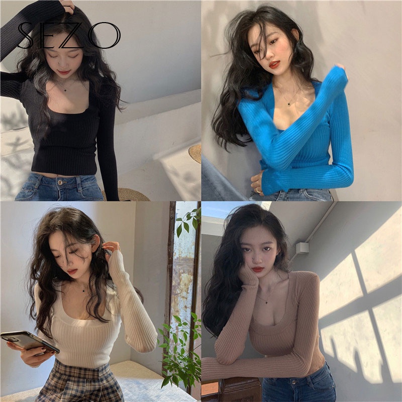 QKOOLE Áo len  tay dài màu trơn thời trang cho nữ