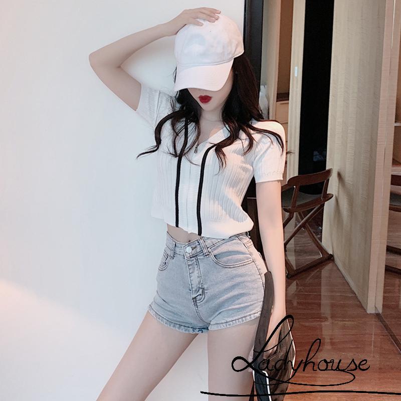 Áo Croptop Dệt Kim Tay Ngắn Cổ Chữ V Màu Sắc Tương Phản Có Khóa Kéo Thời Trang Mùa Hè Cho Nữ