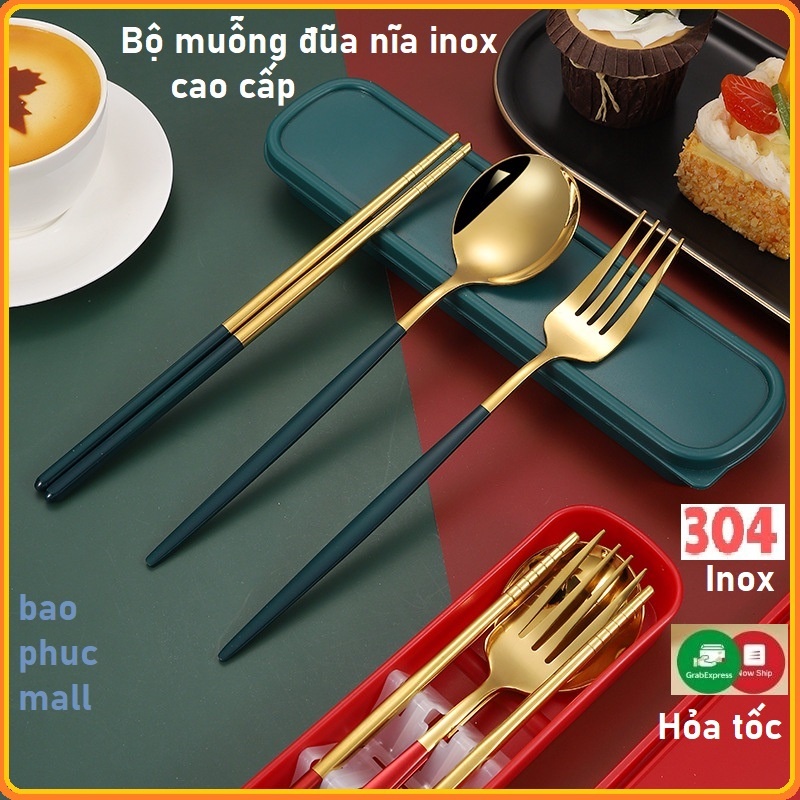 [HÀNG CAO CẤP]Set 3 Món Muỗng Đũa Nĩa  Bằng Thép Không Gỉ 304 Phủ Bóng Mạ Vàng Bạc Cao Cấp