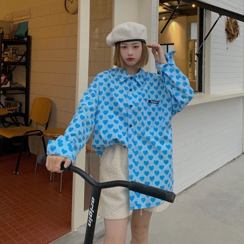 Áo Sơ Mi Tay Dài Họa Tiết Trái Tim Phong Cách retro Thời Trang