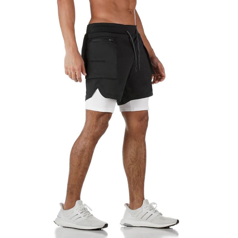 Quần Short Thể Thao 2 Trong 1 Phối Khóa Kéo Họa Tiết Rằn Ri Cá Tính Cho Nam