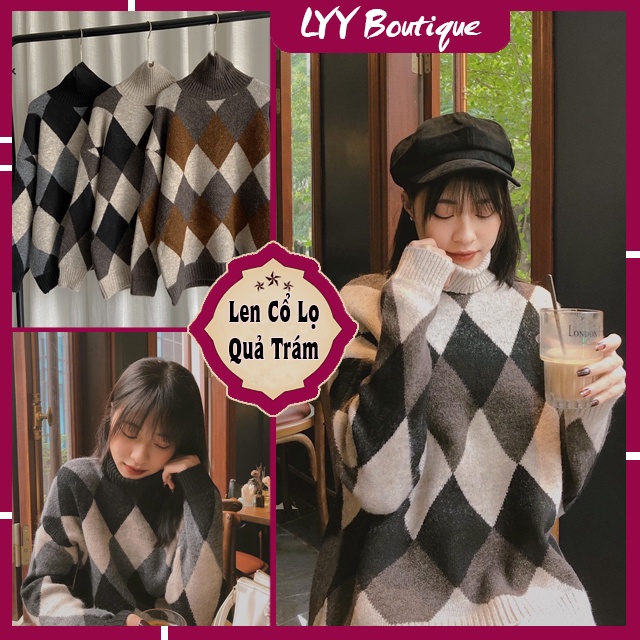 Áo len cổ lọ họa tiết quả trám HOT HIT dáng dài 3 màu chất len dầy siêu ấm hàng Quảng Châu LYY BOUTIQUE