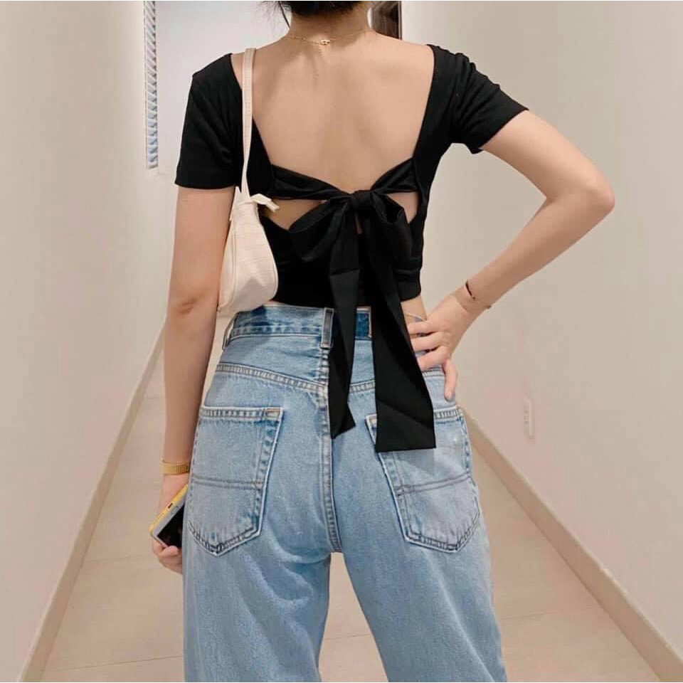 ÁO CROPTOP KIỂU THUN GÂN PHỐI KIỂU CỘT NƠ SAU LƯNG SIÊU HOT nana store hn