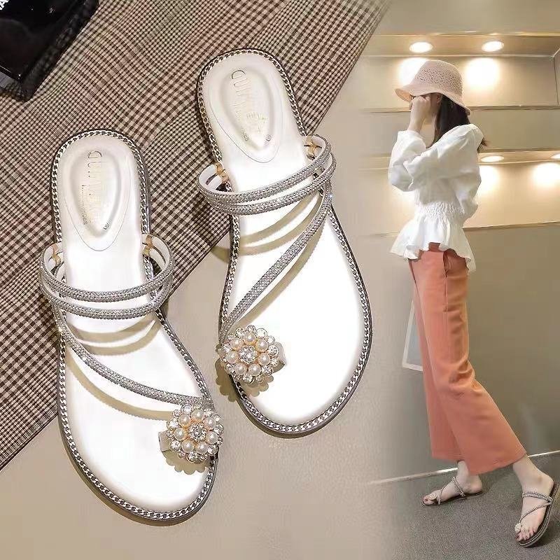 Sandal nữ xỏ ngón đế bệt 2 màu đen và kem họa tiết xinh xắn (ảnh thật ở cuối)