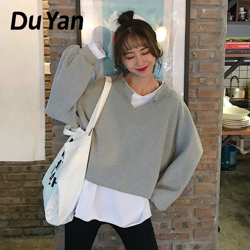 Áo Len Tay Dài Giả Hai Lớp Thời Trang Phong Cách Hàn Quốc Cho Nữ