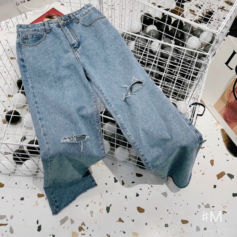 QUẦN JEAN SUÔNG XANH RÁCH GỐI [fs50k]