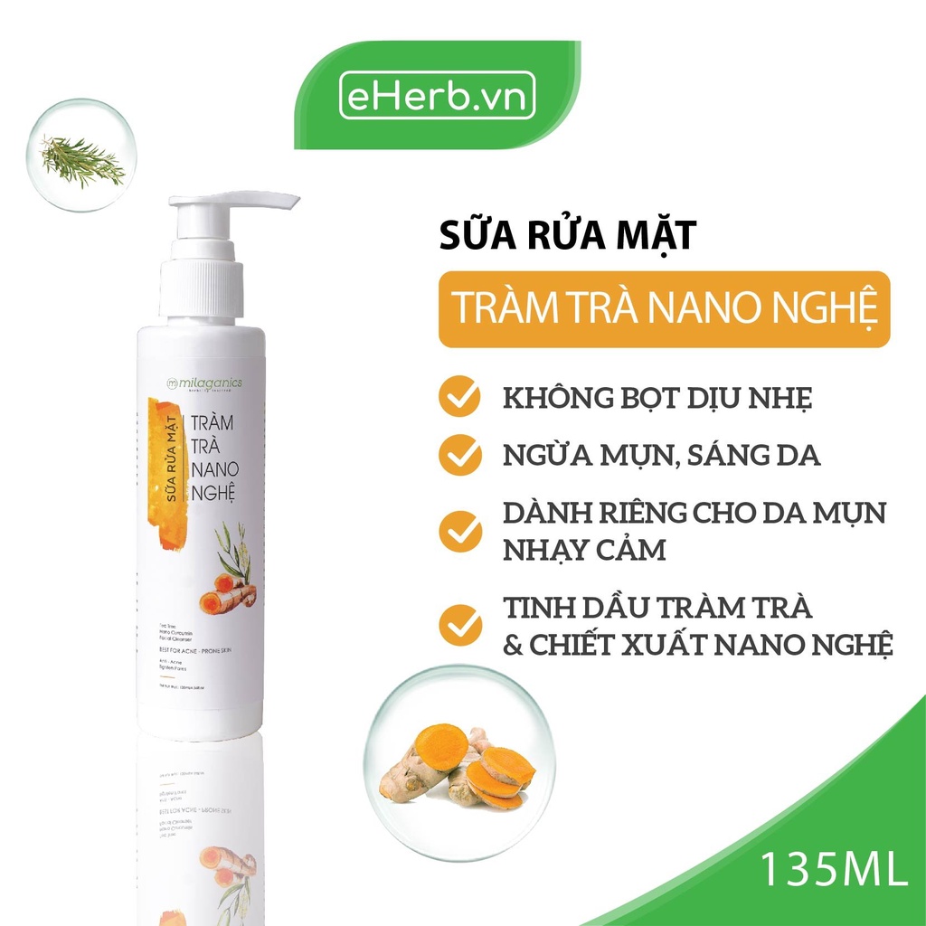 Sữa Rửa Mặt Ngừa Mụn Tràm Trà Nano Nghệ Trắng Da, Làm Sạch Dịu Nhẹ Cho Da Mụn Nhạy Cảm MILAGANICS 135ml (Chai)