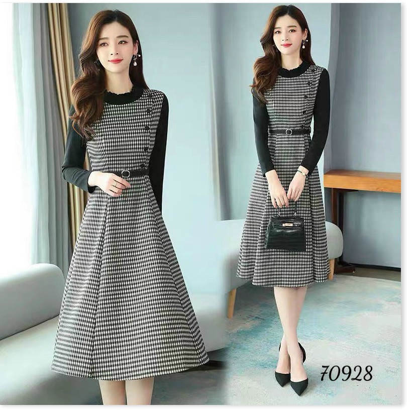 ĐẦM SUÔNG CARO CÔ TRÒN PHỐI NÚT CÁCH ĐIỆU CỰC SANG TRỌNG CÓ ĐỦ SIZE S M L XL XXL