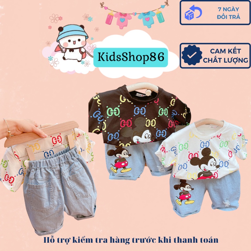 BỘ QUẦN ÁO CỘC TAY COTTON PHỐI QUẦN BÒ NGỐ CHO BÉ GÁI IN HÌNH MICKEY SIZE 7-19KG [CT57]