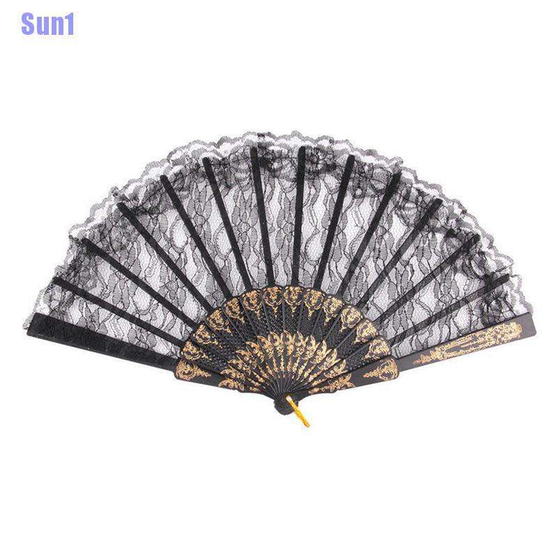 Quạt Xếp Cầm Tay Màu Đen Phối Ren Lụa Kiểu Tây Ban Nha Dễ Thương